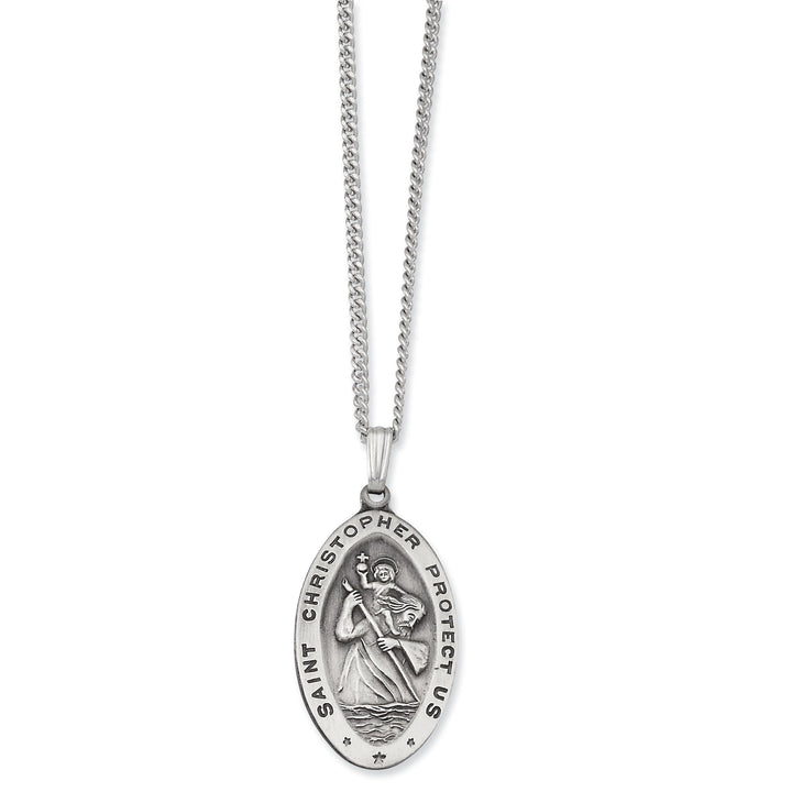 Rhodium Plated Oval St. Christopher Medal Necklace