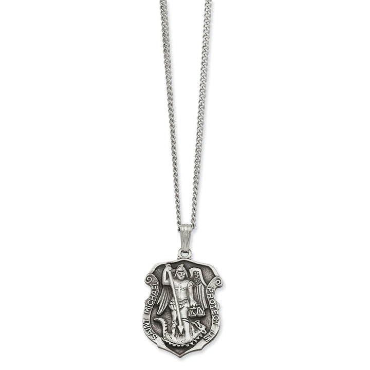 Rhodium Plated St. Michael Medal Necklace