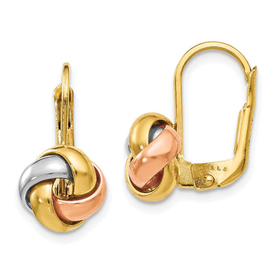 14k Tri Color Gold Love Knot Leverback Earrings