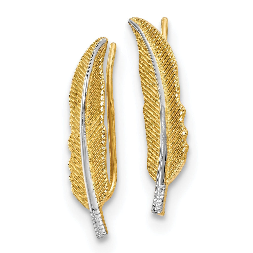 14k Two Tone Gold Feather Climber Earrings