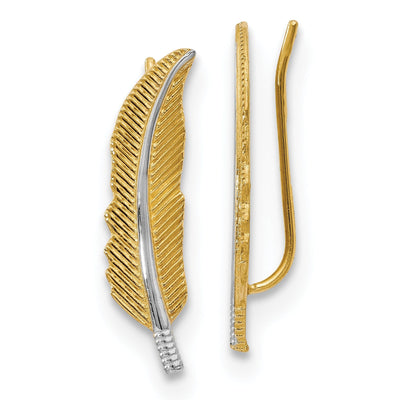 14k Two Tone Gold Feather Climber Earrings at $ 212.52 only from Jewelryshopping.com