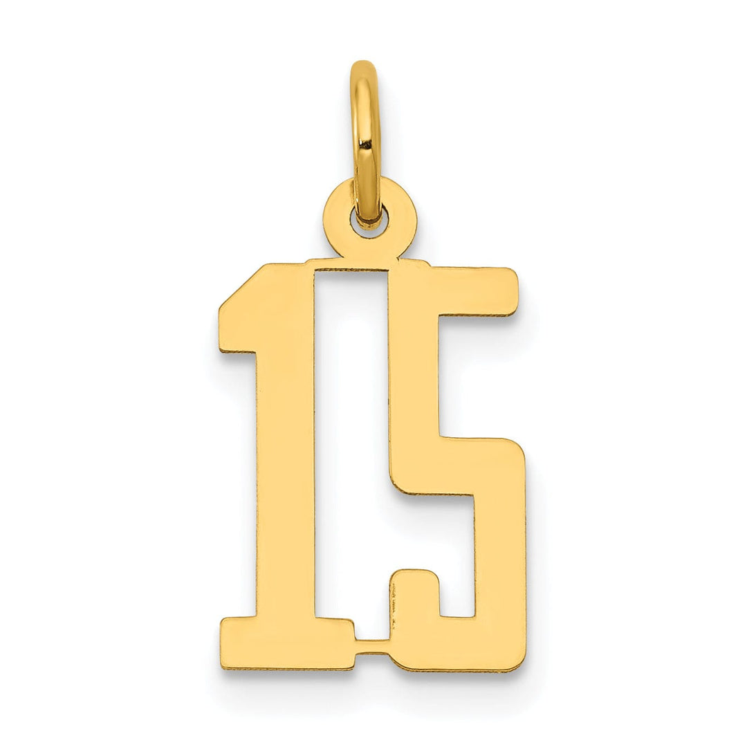 14K Yellow Gold Polished Finish Small Size Elongated Shape Number 15 Charm Pendant