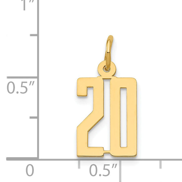 14K Yellow Gold Polished Finish Small Size Elongated Shape Number 20 Charm Pendant