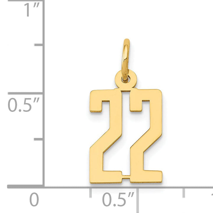 14K Yellow Gold Polished Finish Small Size Elongated Shape Number 22 Charm Pendant