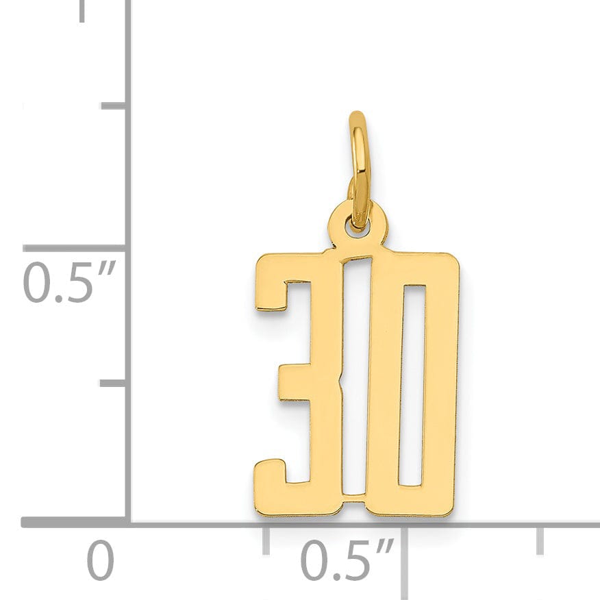 14K Yellow Gold Polished Finish Small Size Elongated Shape Number 30 Charm Pendant