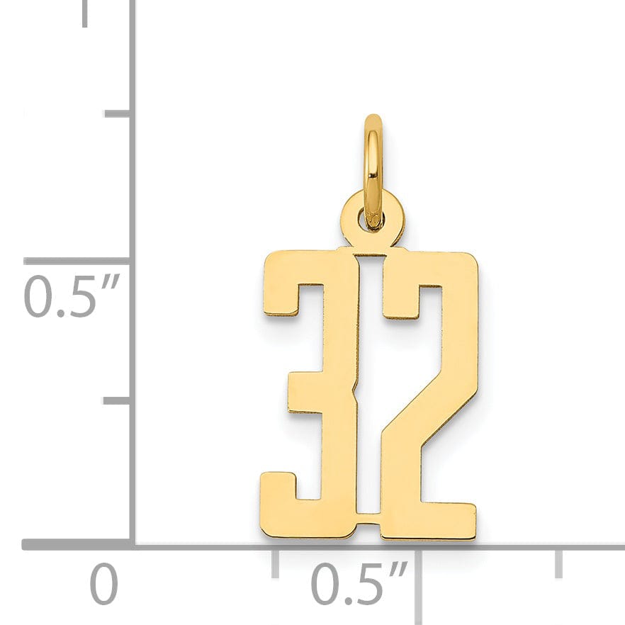14K Yellow Gold Polished Finish Small Size Elongated Shape Number 32 Charm Pendant
