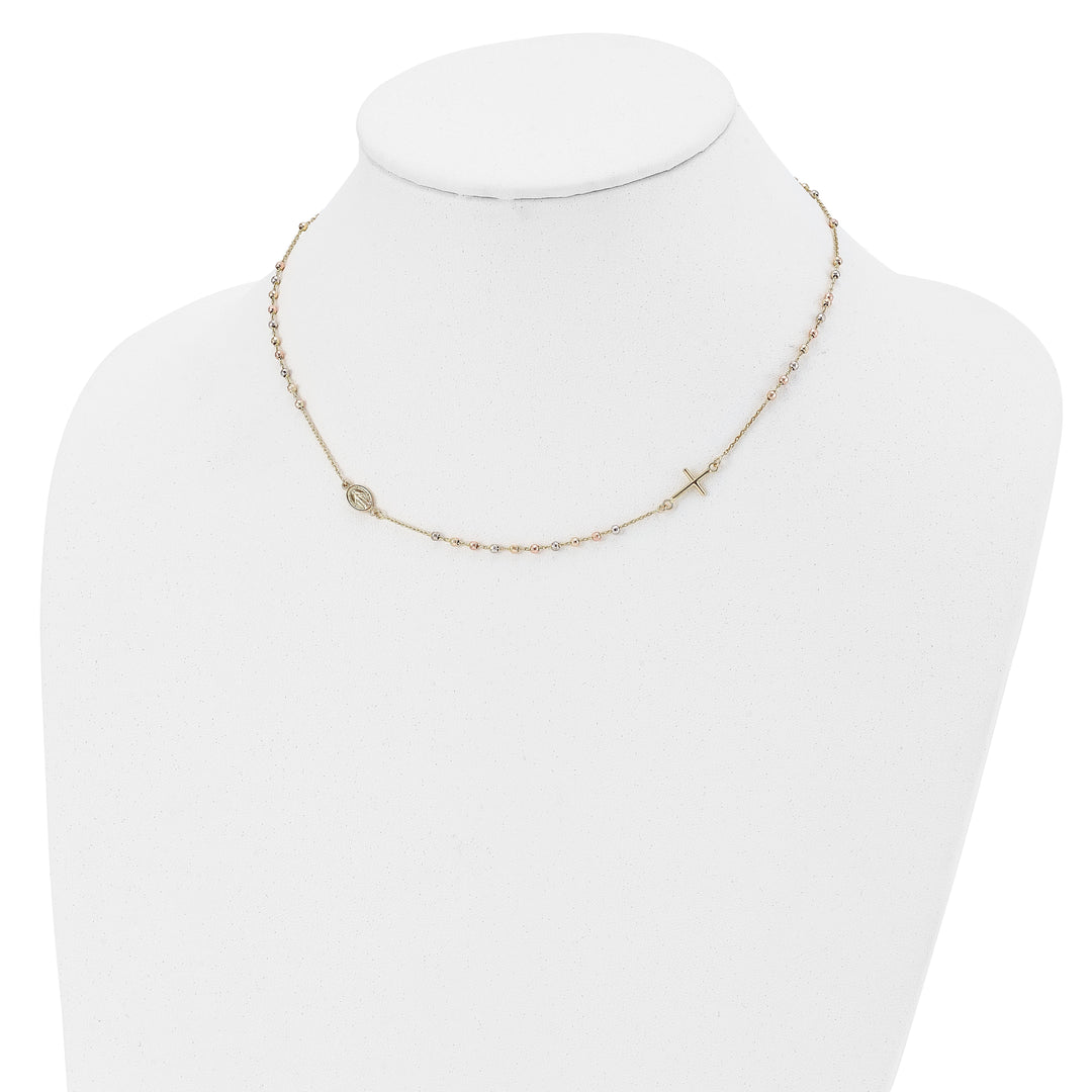 14k Tri Color Gold Sideway Cross Rosary Necklace