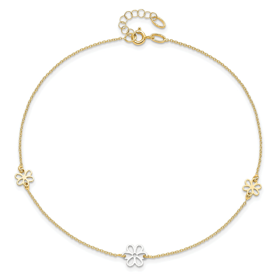 Leslie 14k Two Tone Gold Polished Flower Anklet