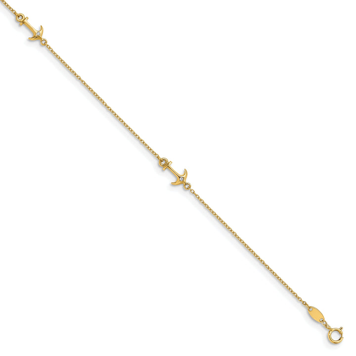 14k Yellow Gold C.Z Polished Anchor Anklet