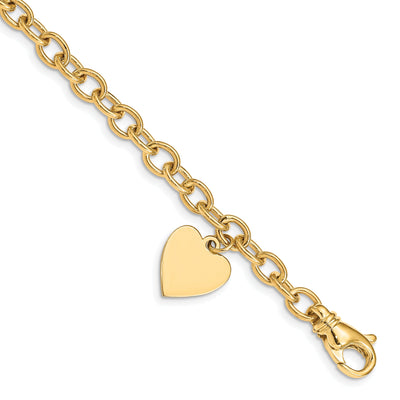 14k yellow gold link bracelet Heart charm Polished finish 7.5-inch