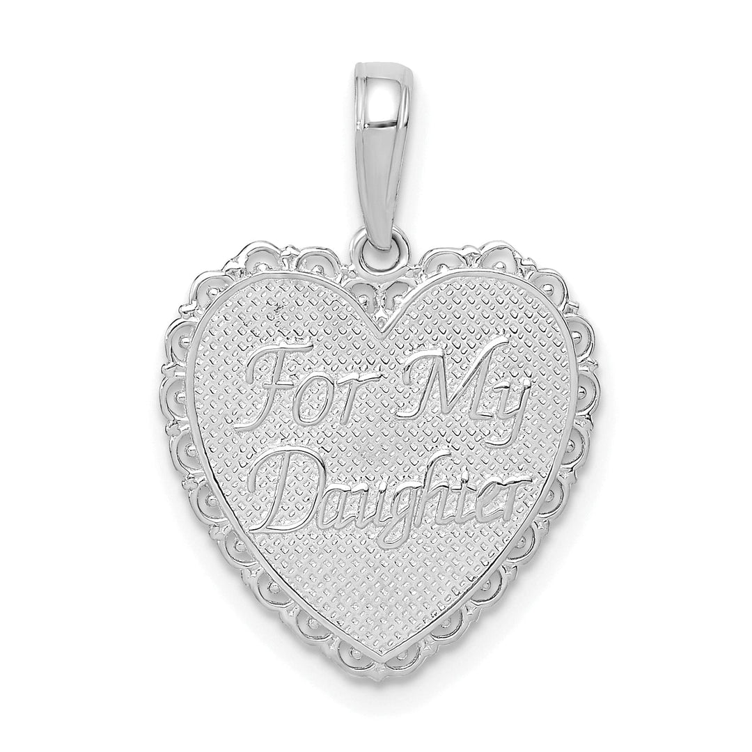 14K White Gold Textured Finish Reversible FOR MY DAUGHTER / YOU ARE MY PRIDE AND JOY Heart Shape Lace Trim Design Charm Pendant