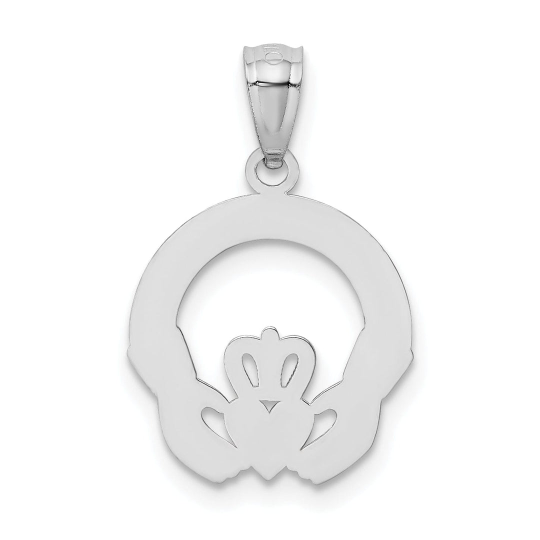 14k White Gold Solid Satin Diamond Cut Finish Flat-Backed Claddagh Design Charm Pendant