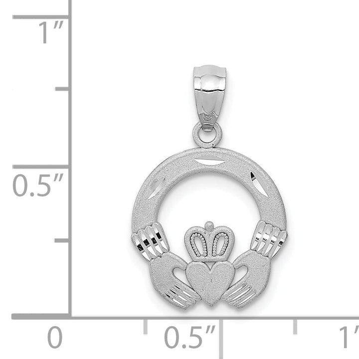 14k White Gold Solid Satin Diamond Cut Finish Flat-Backed Claddagh Design Charm Pendant