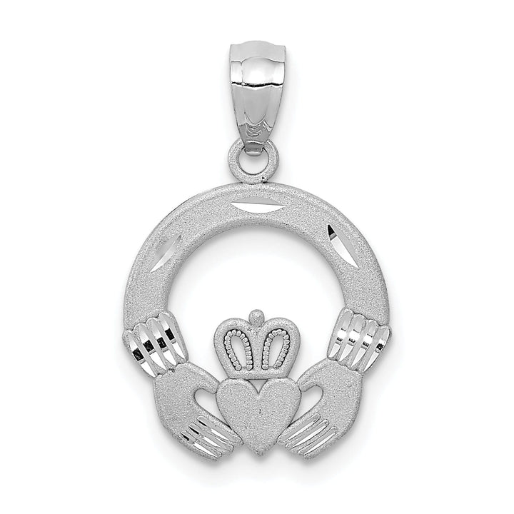 14k White Gold Solid Satin Diamond Cut Finish Flat-Backed Claddagh Design Charm Pendant