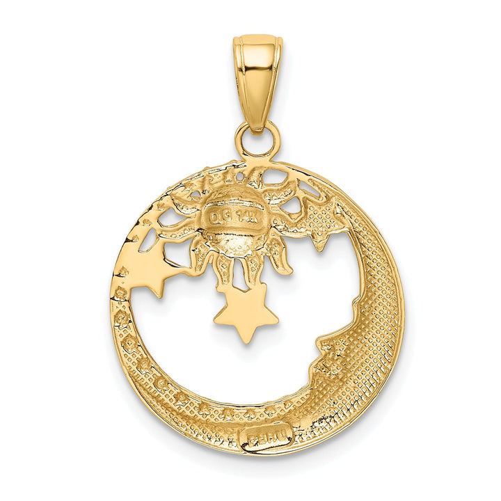 14k Yellow Gold White Rhodium Solid Textured Polished Finish Moon, Stars, and Sun Circle Design Charm Pendant come with 18-inch cable chain