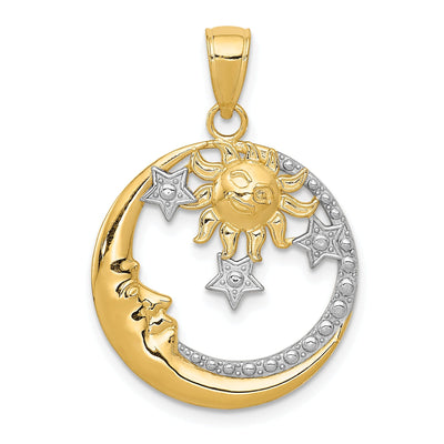 14k Yellow Gold White Rhodium Solid Textured Polished Finish Moon, Stars, and Sun Circle Design Charm Pendant at $ 191.98 only from Jewelryshopping.com