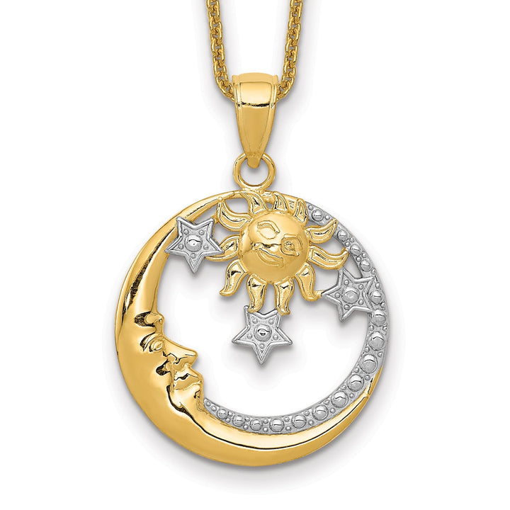 14k Yellow Gold White Rhodium Solid Textured Polished Finish Moon, Stars, and Sun Circle Design Charm Pendant come with 18-inch cable chain