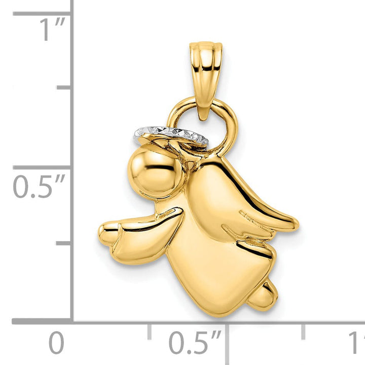 14k Yellow Gold White Rhodium D.C Polish Finish Halo on Angel Pendant