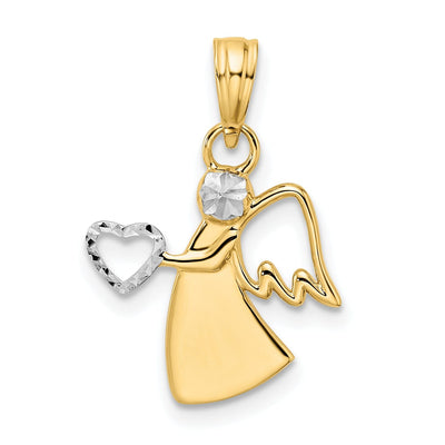 14k Yellow Gold White Rhodium D.C Finish Angel Holding Heart Pendant