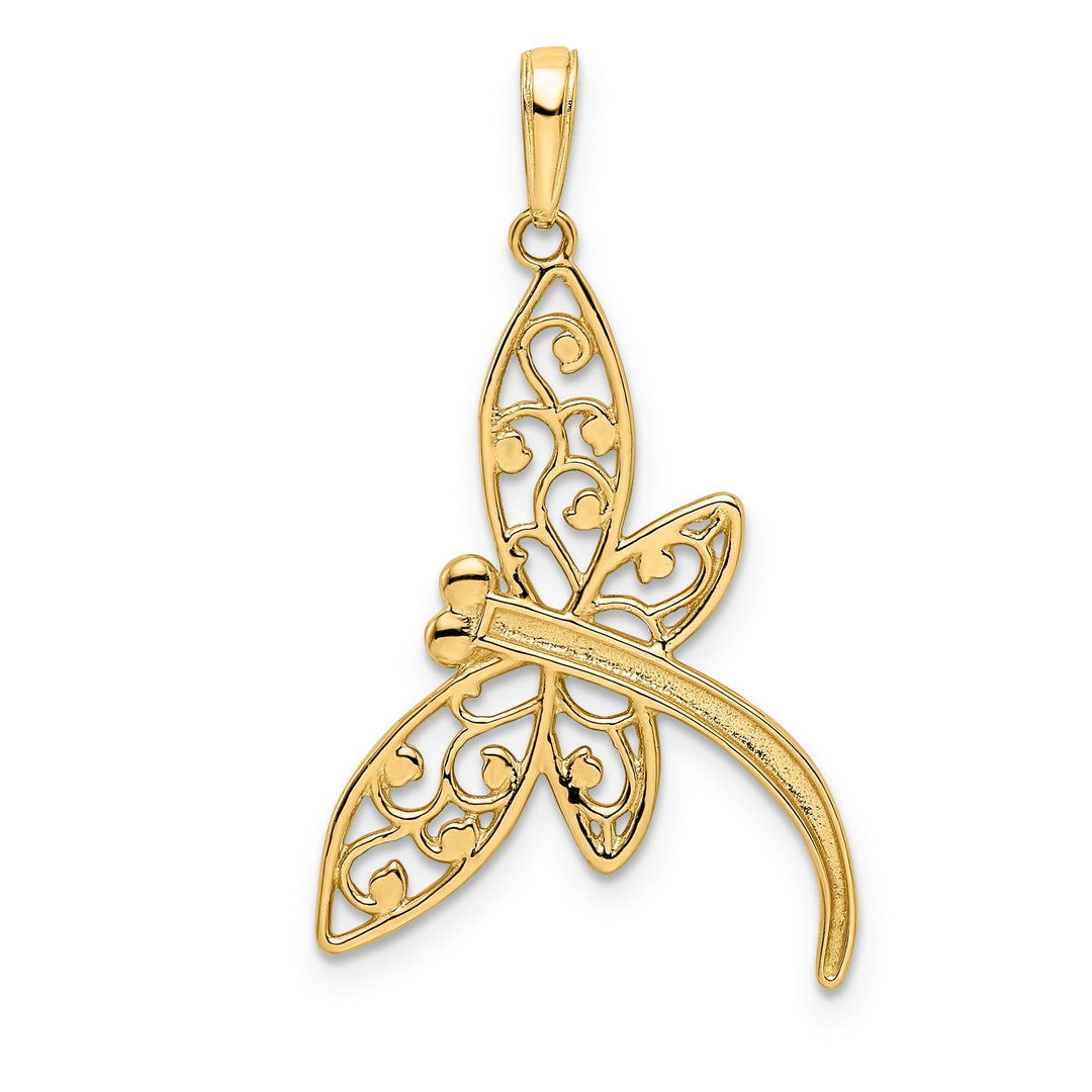 14k Yellow Gold White Rhodium Open Back Solid Diamond Cut Polished Finish Filigree Dragonfly Charm Pendant