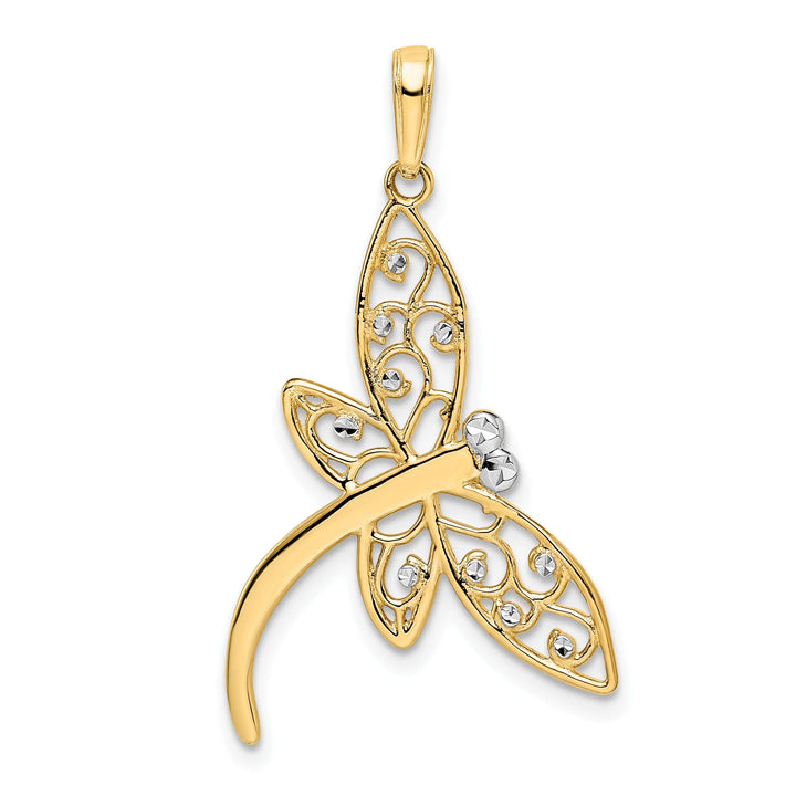 14k Yellow Gold White Rhodium Open Back Solid Diamond Cut Polished Finish Filigree Dragonfly Charm Pendant