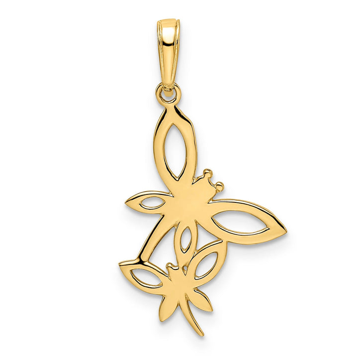 14k Yellow Gold White Rhodium Solid Flat Back Diamond Cut Polished Finish Two Dragonflies Design Charm Pendant