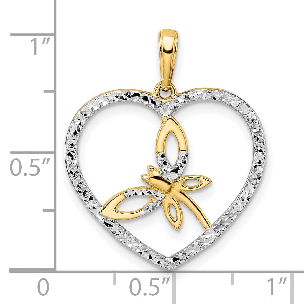 14k Yellow Gold White Rhodium Solid Open Back Polished Diamond Cut Finish Dragonfly in Heart Design Charm Pendant