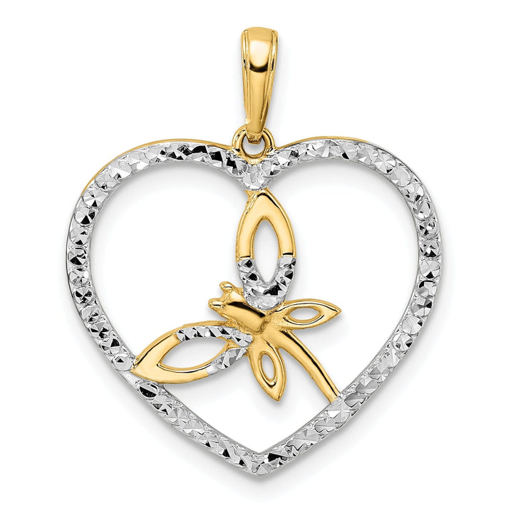 14k Yellow Gold White Rhodium Solid Open Back Polished Diamond Cut Finish Dragonfly in Heart Design Charm Pendant