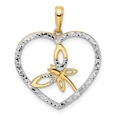 14k Yellow Gold White Rhodium Solid Open Back Polished Diamond Cut Finish Dragonfly in Heart Design Charm Pendant at $ 193.44 only from Jewelryshopping.com