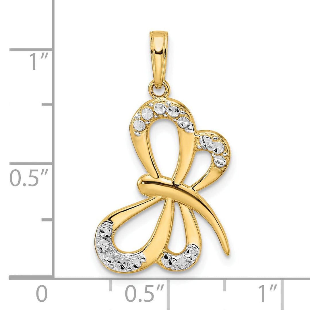 14k Yellow Gold White Rhodium Solid Open Back Polished Diamond Cut Finish Dragonfly Design Charm Pendant