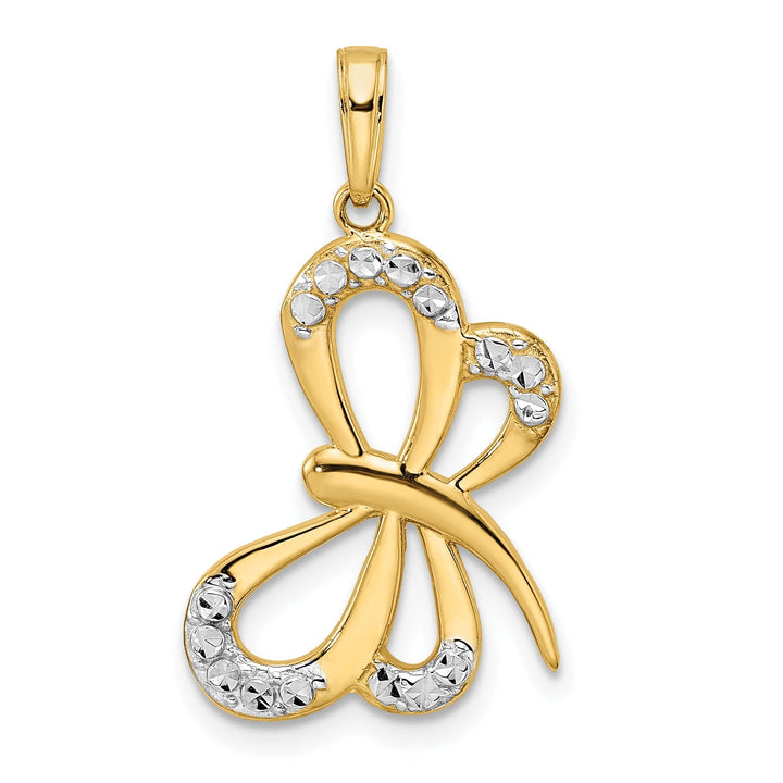 14k Yellow Gold White Rhodium Solid Open Back Polished Diamond Cut Finish Dragonfly Design Charm Pendant