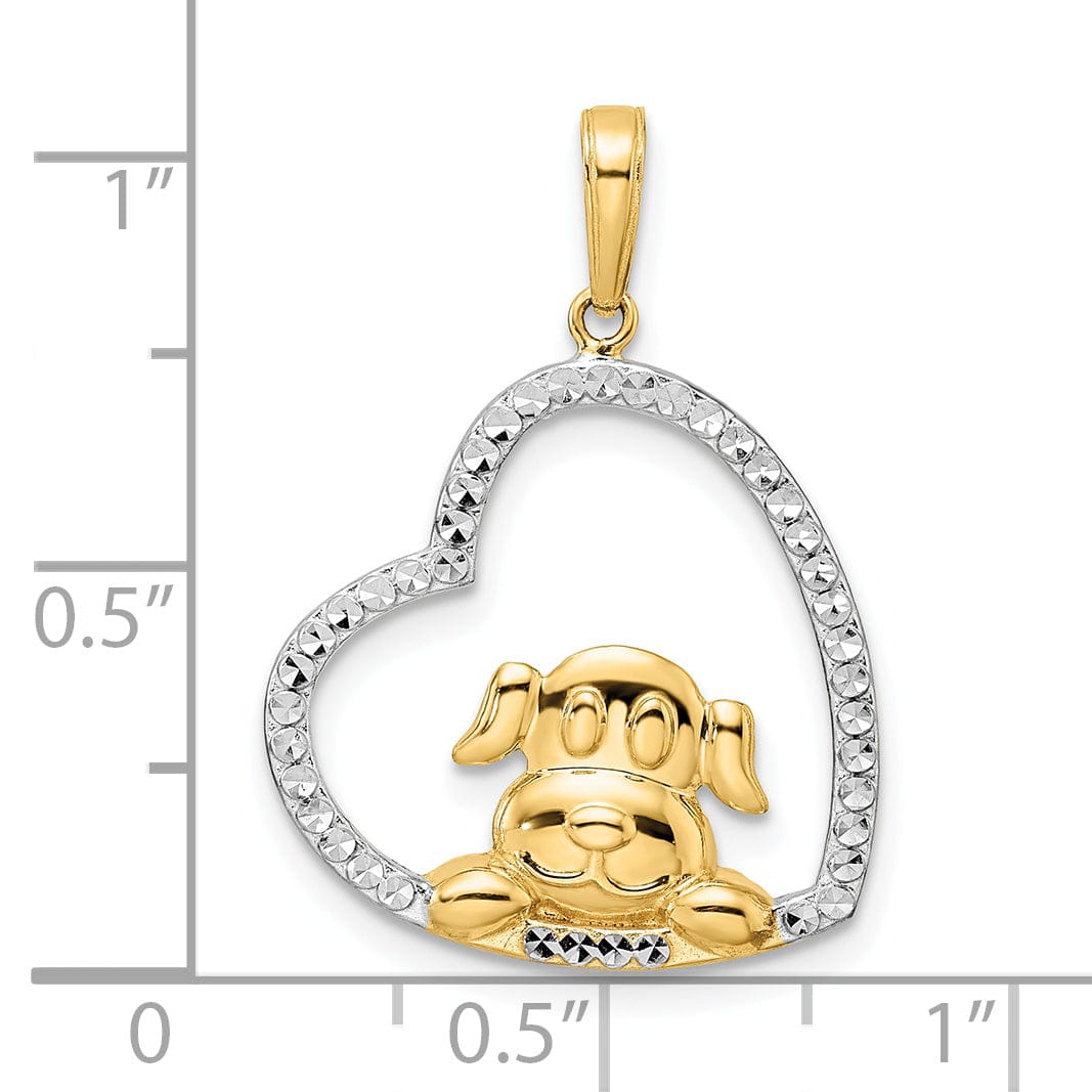 14k Yellow Gold White White Rhodium Open Back Solid Polished Diamond Cut Finish Puppy Dog in Heart Shape Design Charm Pendant