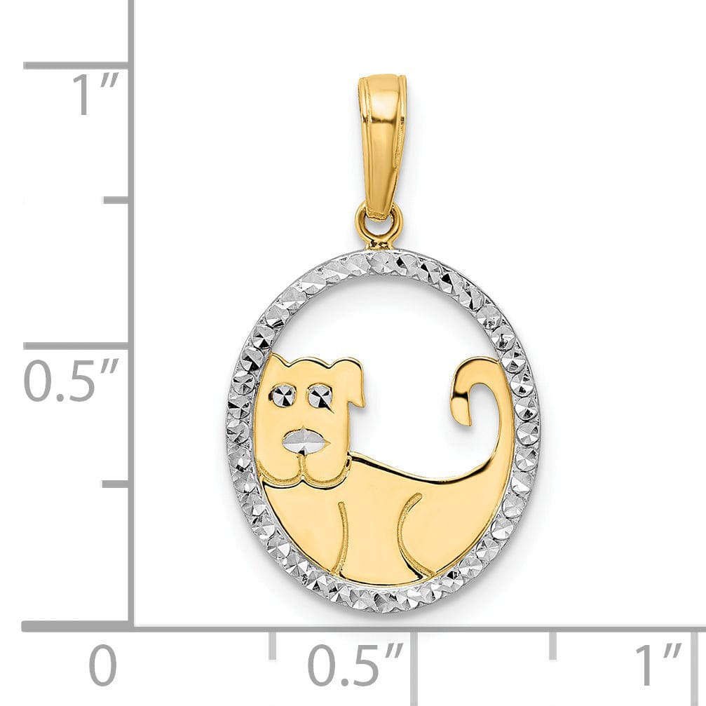 14k Yellow Gold White White Rhodium Open Back Solid Polished Diamond Cut Finish Puppy Dog in Oval Shape Design Charm Pendant