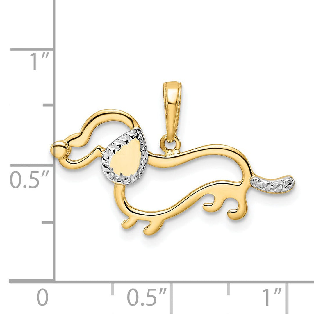14k Yellow Gold White White Rhodium Open Back Solid Polished Diamond Cut Finish Dachshund Dog Design Charm Pendant