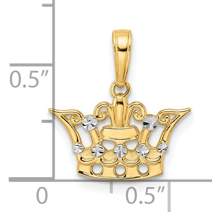 14k Yellow Gold White Rhodium Solid Polished Diamond Cut Finish Flat Back Crown Design Charm Pendant