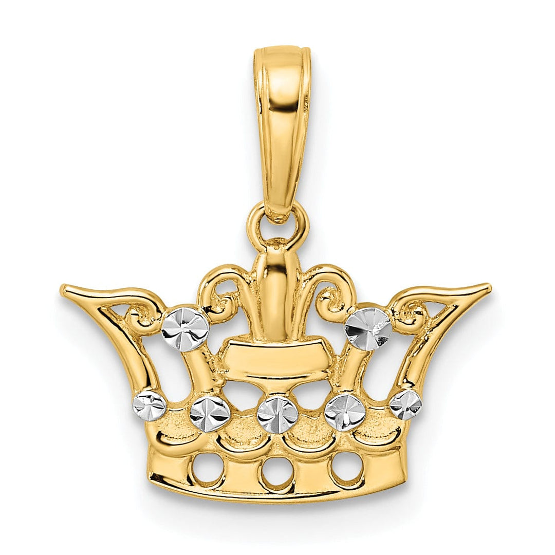 14k Yellow Gold White Rhodium Solid Polished Diamond Cut Finish Flat Back Crown Design Charm Pendant