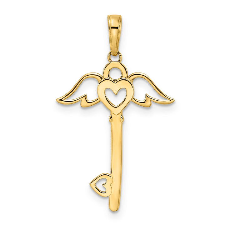 14k Yellow Gold Heart with Angel Wings Design Key Charm Pendant