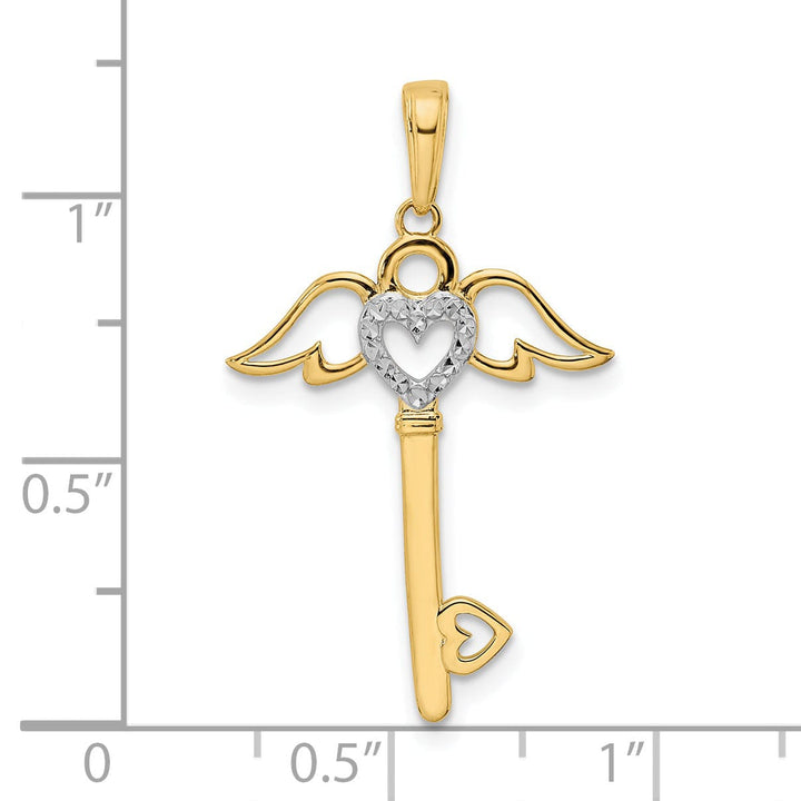14k Yellow Gold Heart with Angel Wings Design Key Charm Pendant