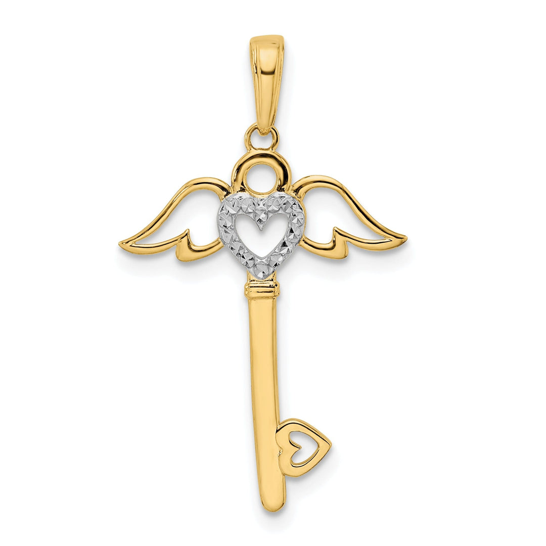 14k Yellow Gold Heart with Angel Wings Design Key Charm Pendant