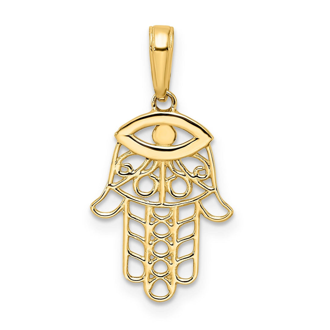 14k Yellow Gold Solid Polished D.C Finish Hamsa with Evil Eye Pendant