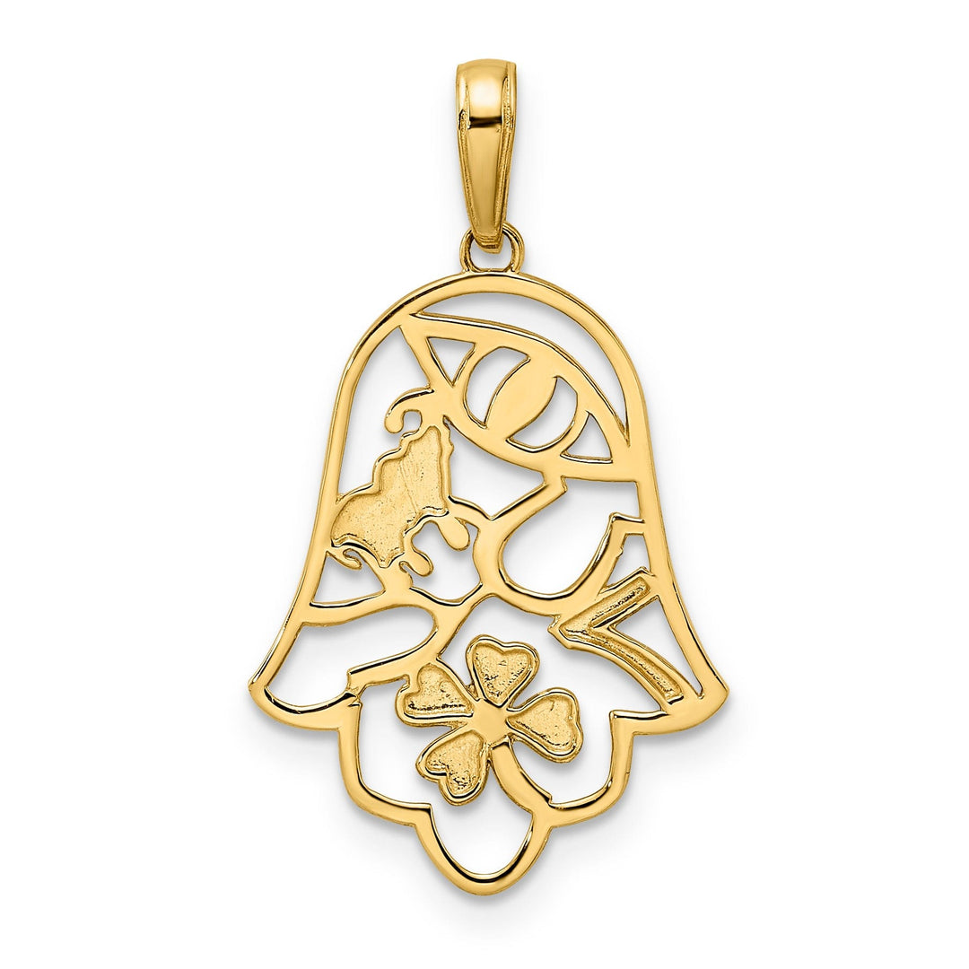 14k Yellow Gold Polished GOOD LUCK Symbols Hamsa with Evil Eye Pendant