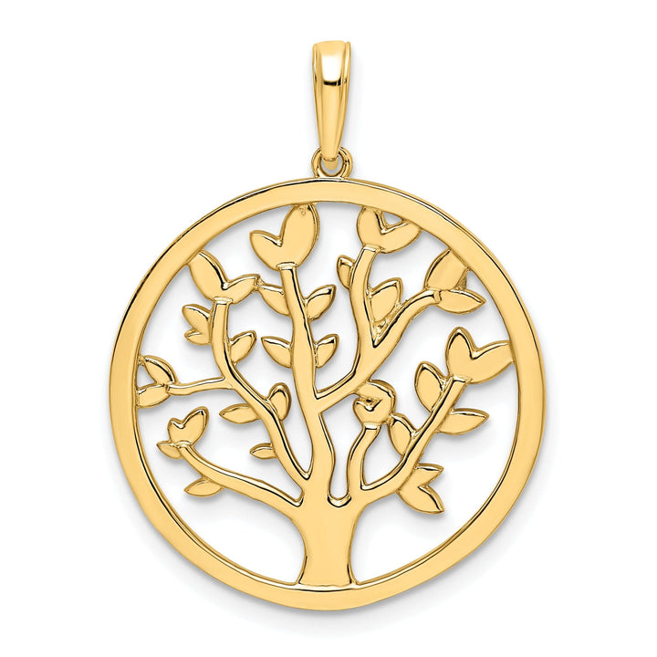 14k Yellow Gold White Rhodium Solid Flat Back Polished Diamond Cut Finish Round Shape Tree of Life Charm Pendant