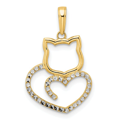 14k Yellow Gold White Rhodium Solid Flat Back Unisex Diamond Cut Polished Finish Cat Heart Design Charm Pendant at $ 132.43 only from Jewelryshopping.com