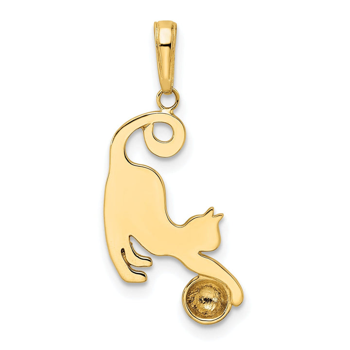 14k Yellow Gold White Rhodium Open Back Solid Polished Diamond Cut Finish Cat and Ball Charm Pendant