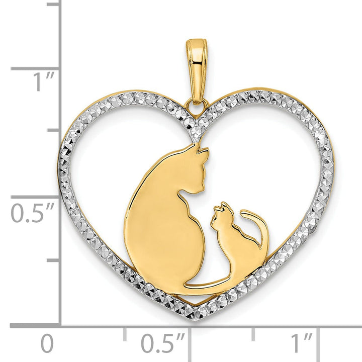 14k Yellow Gold White Rhodium Solid Open Back Womens Diamond Cut Polished Finish Cat And Kitten in Heart Design Charm Pendant