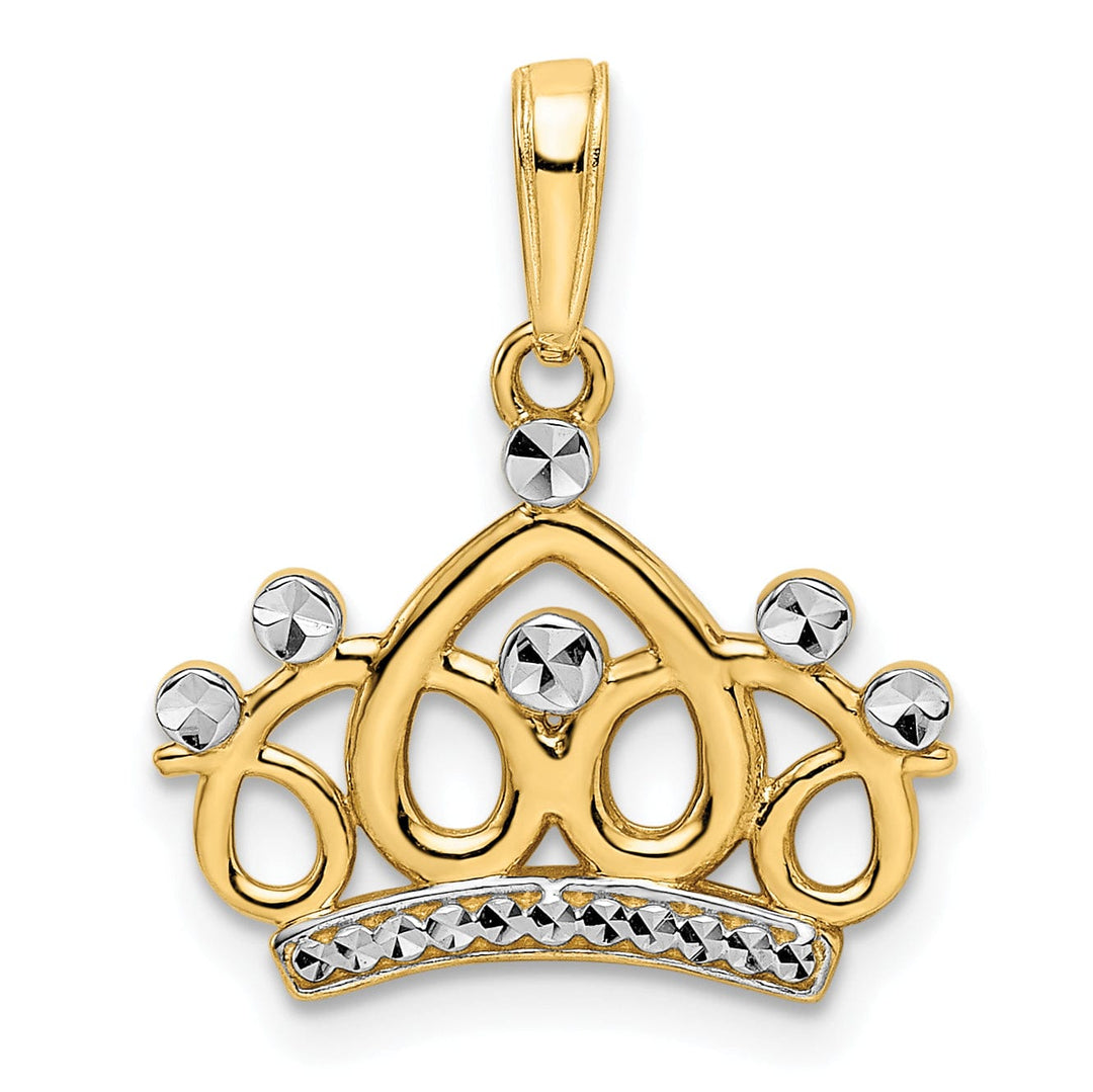 14k Yellow Gold White Rhodium Solid Flat Back Polished Diamond Cut Finish Crown Design Charm Pendant