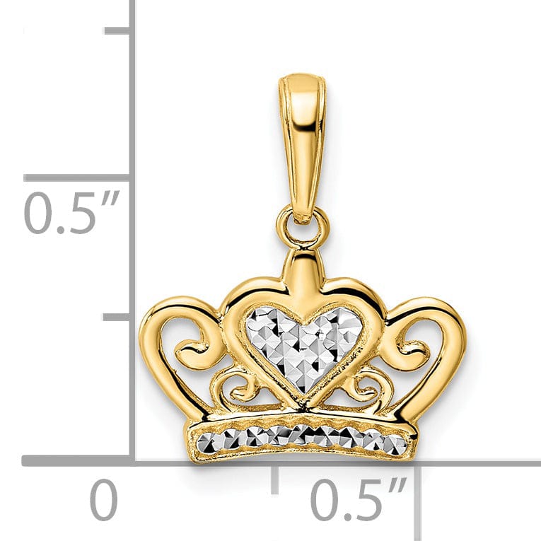 14k Yellow Gold White Rhodium Solid Open Back Polished Diamond Cut Finish Crown Heart Design Charm Pendant