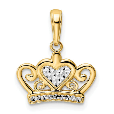 14k Yellow Gold White Rhodium Solid Open Back Polished Diamond Cut Finish Crown Heart Design Charm Pendant at $ 100.16 only from Jewelryshopping.com