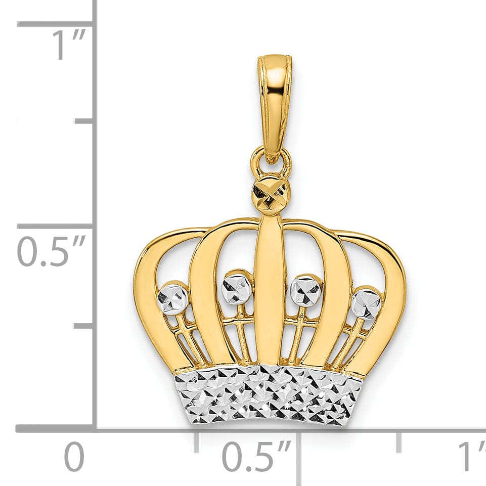 14k Yellow Gold White Rhodium Solid Open Back Polished Diamond Cut Finish Crown Design Charm Pendant