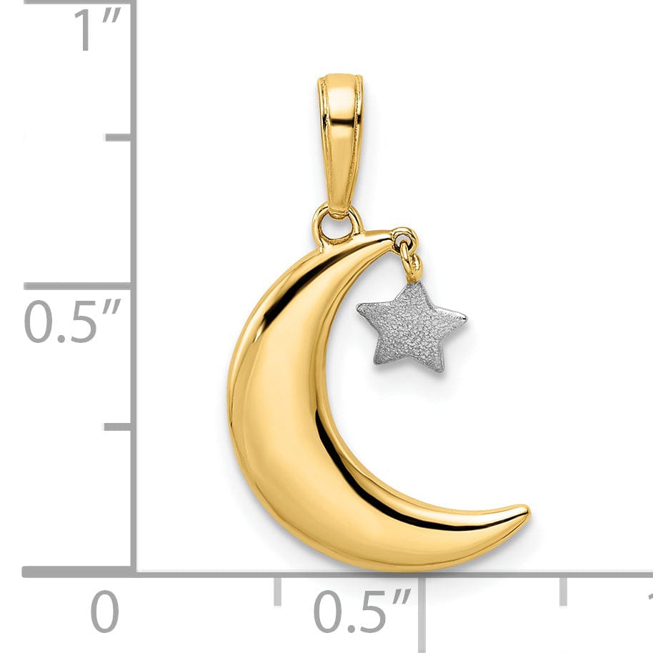 14k Yellow Gold White Rhodium Solid Polished Satin Finish Moon with Moveable Dangle Star Charm Pendant